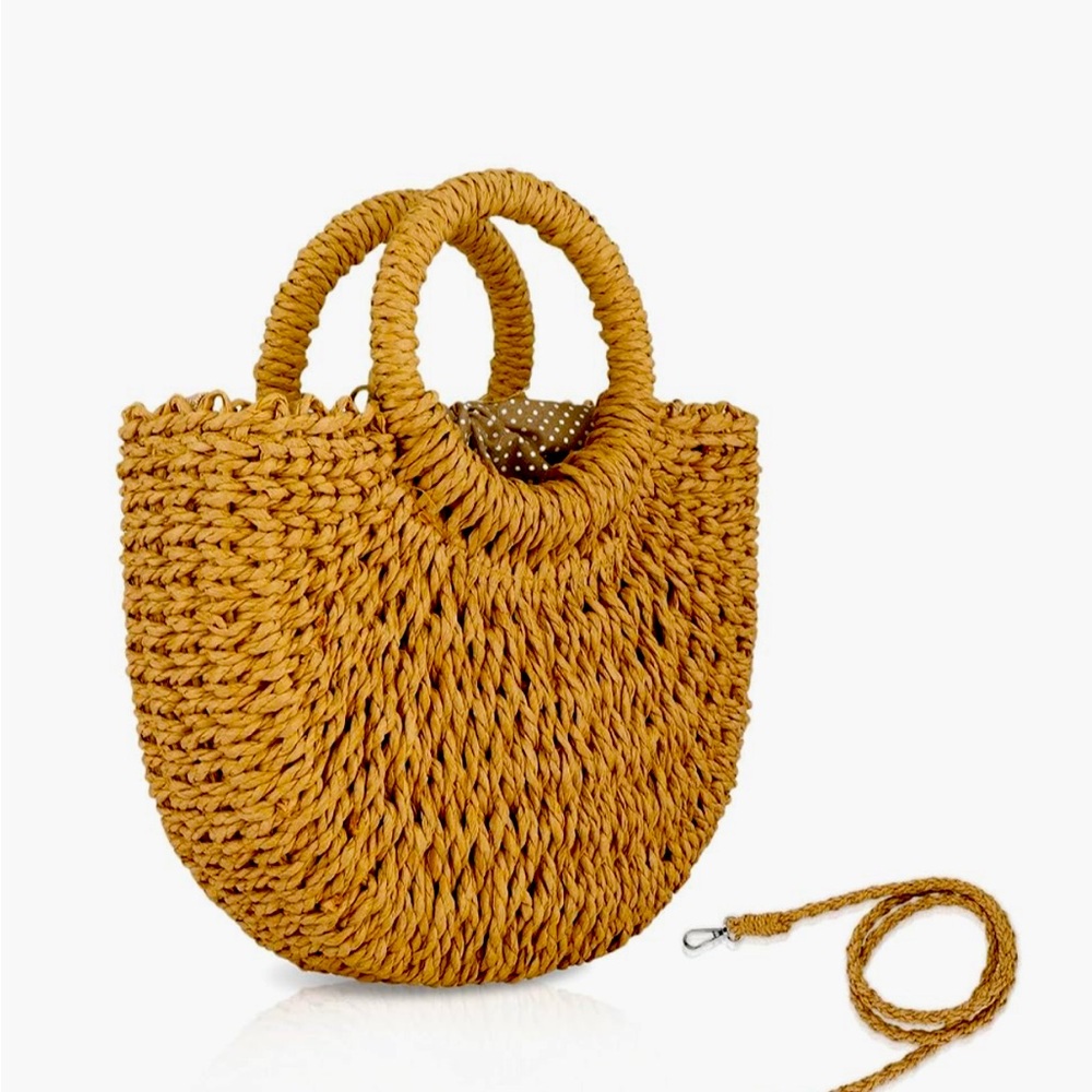 Tan Woven Tote with Basket-Weave Design